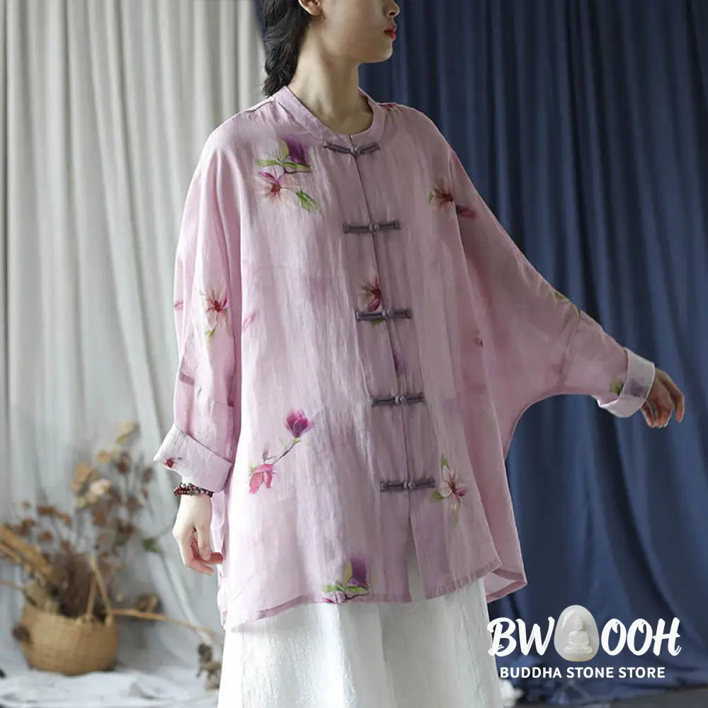 Buddha Stones Pink Flower Print Frog-button Design Batwing Long Sleeve Ramie Linen Jacket Shirt - Women’s Shirts