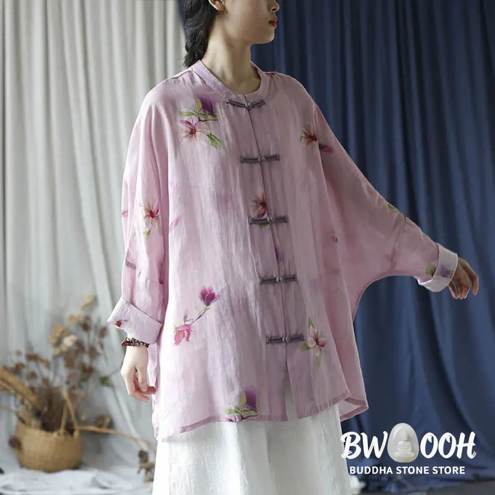 Buddha Stones Pink Flower Print Frog-button Design Batwing Long Sleeve Ramie Linen Jacket Shirt - Women’s Shirts