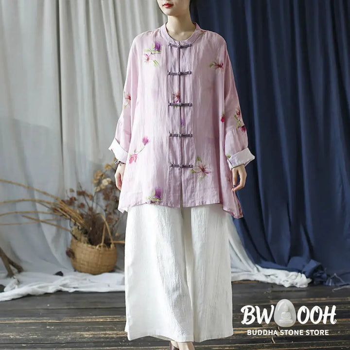 Buddha Stones Pink Flower Print Frog-button Design Batwing Long Sleeve Ramie Linen Jacket Shirt - Women’s Shirts