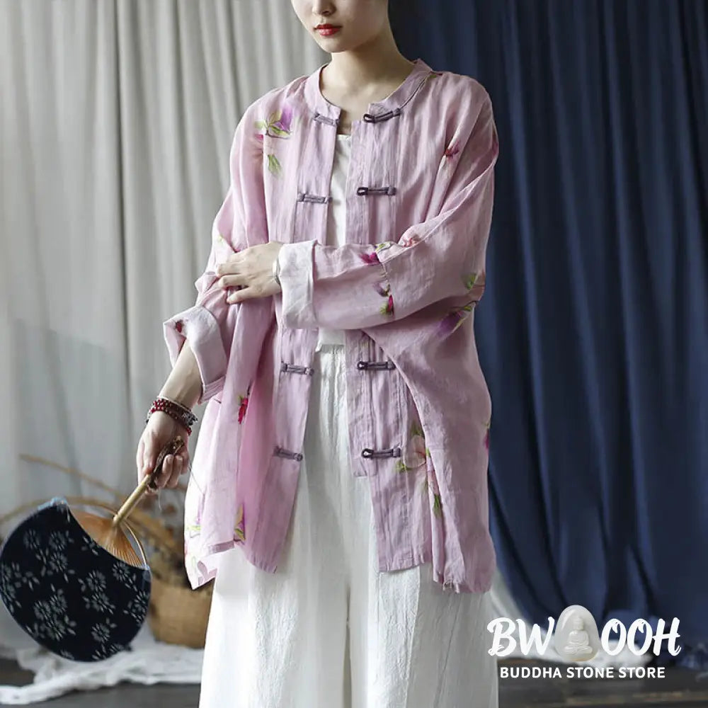 Buddha Stones Pink Flower Print Frog-button Design Batwing Long Sleeve Ramie Linen Jacket Shirt - Women’s Shirts