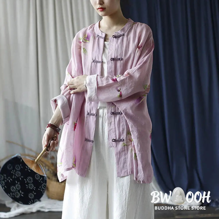 Buddha Stones Pink Flower Print Frog-button Design Batwing Long Sleeve Ramie Linen Jacket Shirt - Women’s Shirts