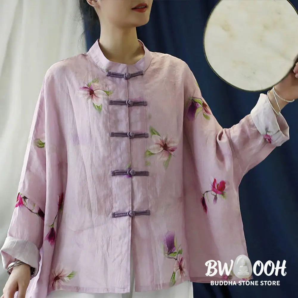 Buddha Stones Pink Flower Print Frog-button Design Batwing Long Sleeve Ramie Linen Jacket Shirt - Women’s Shirts