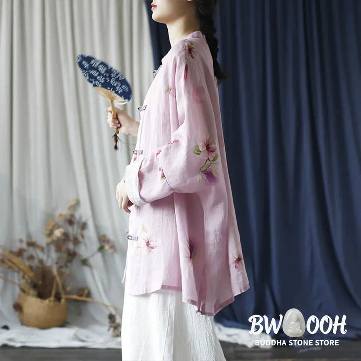 Buddha Stones Pink Flower Print Frog-button Design Batwing Long Sleeve Ramie Linen Jacket Shirt - Women’s Shirts