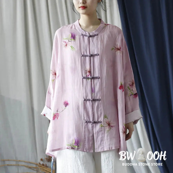 Buddha Stones Pink Flower Print Frog-button Design Batwing Long Sleeve Ramie Linen Jacket Shirt - Women’s Shirts