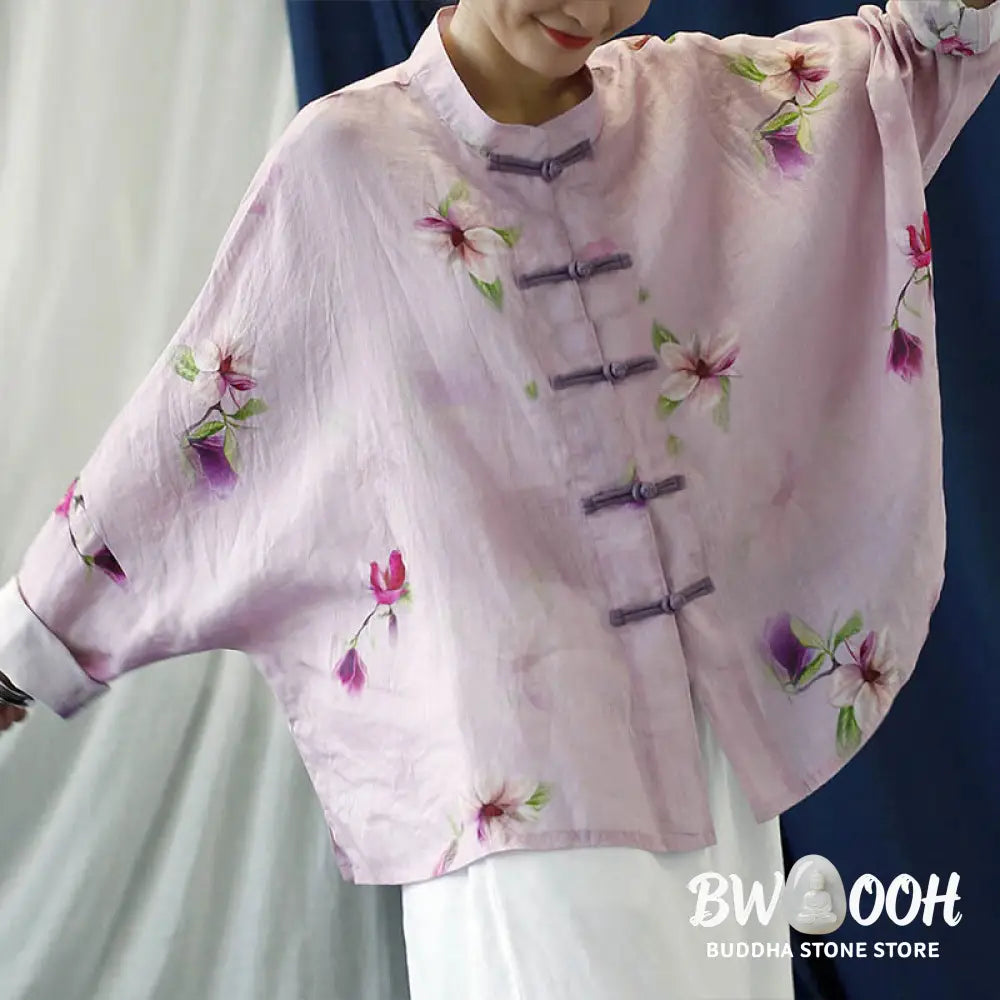 Buddha Stones Pink Flower Print Frog-button Design Batwing Long Sleeve Ramie Linen Jacket Shirt - Women’s Shirts