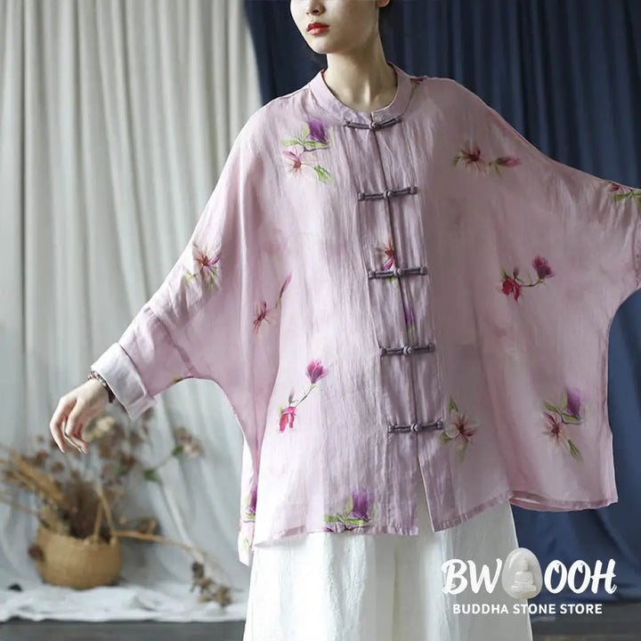 Buddha Stones Pink Flower Print Frog-button Design Batwing Long Sleeve Ramie Linen Jacket Shirt - Women’s Shirts