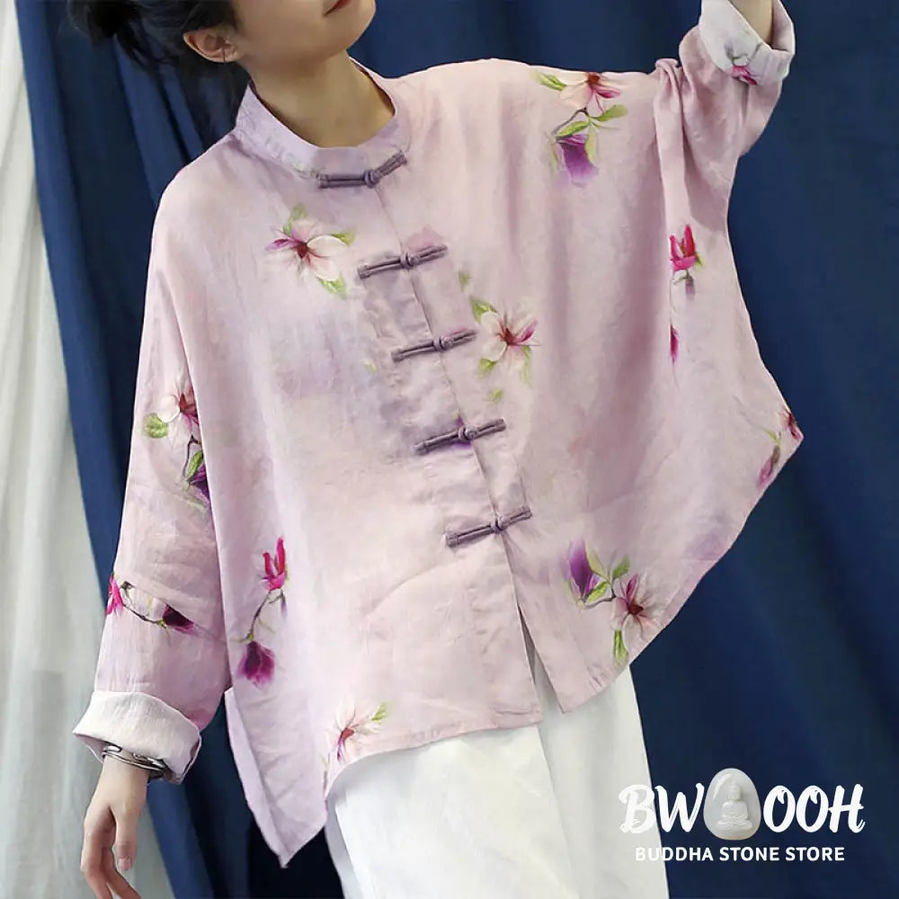 Buddha Stones Pink Flower Print Frog-button Design Batwing Long Sleeve Ramie Linen Jacket Shirt - Women’s Shirts