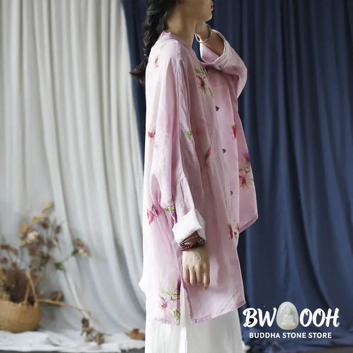 Buddha Stones Pink Flower Print Frog-button Design Batwing Long Sleeve Ramie Linen Jacket Shirt - Women’s Shirts