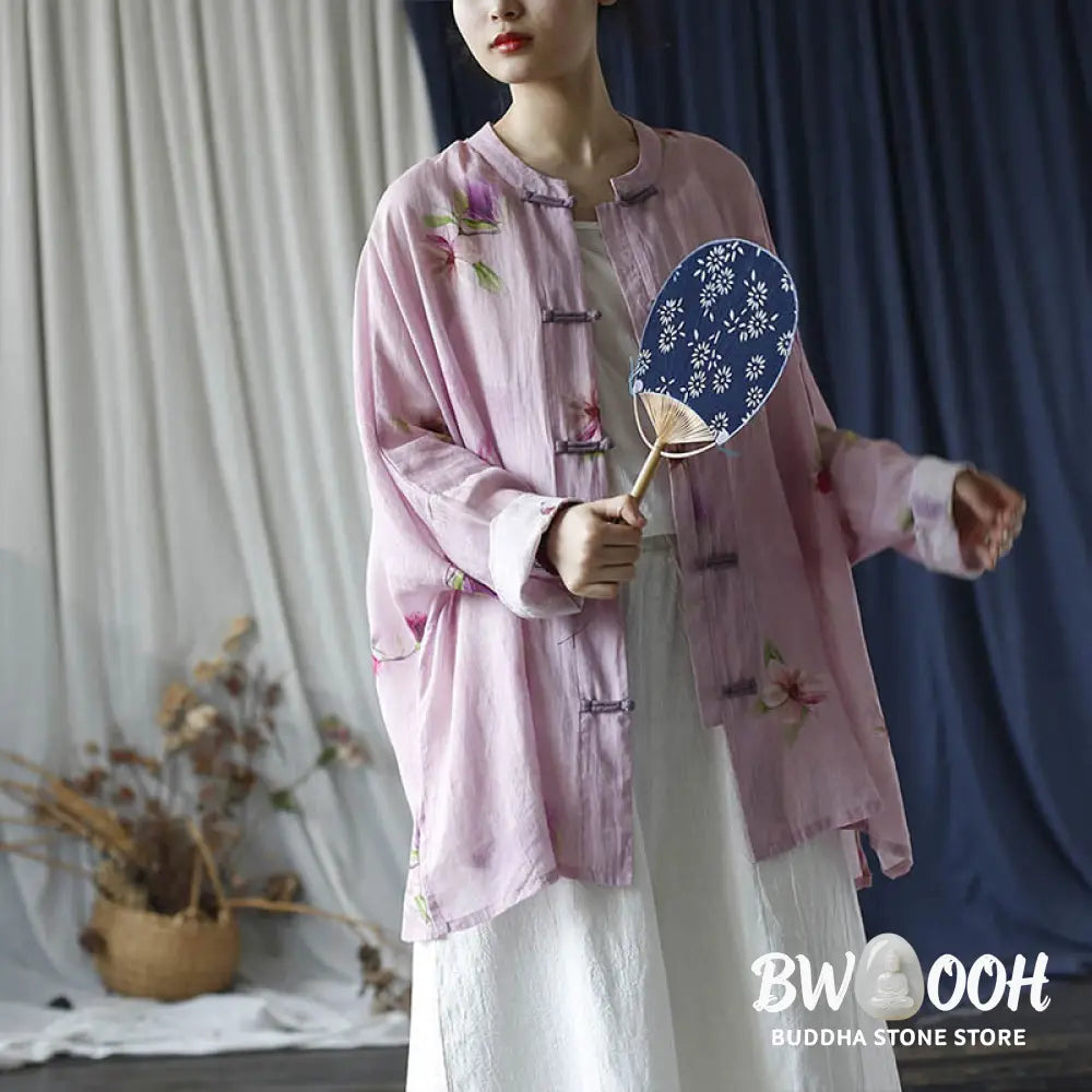 Buddha Stones Pink Flower Print Frog-button Design Batwing Long Sleeve Ramie Linen Jacket Shirt - Women’s Shirts
