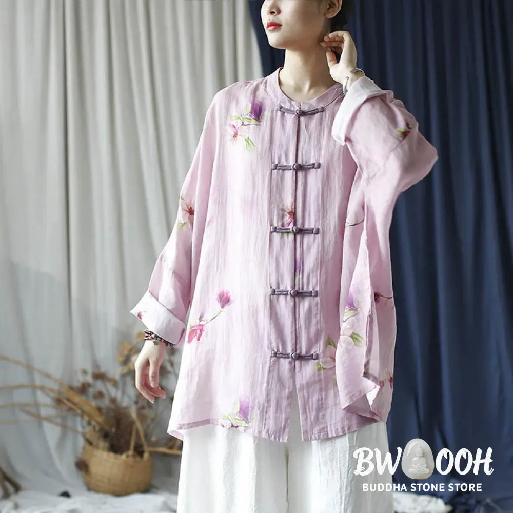 Buddha Stones Pink Flower Print Frog-button Design Batwing Long Sleeve Ramie Linen Jacket Shirt - Women’s Shirts