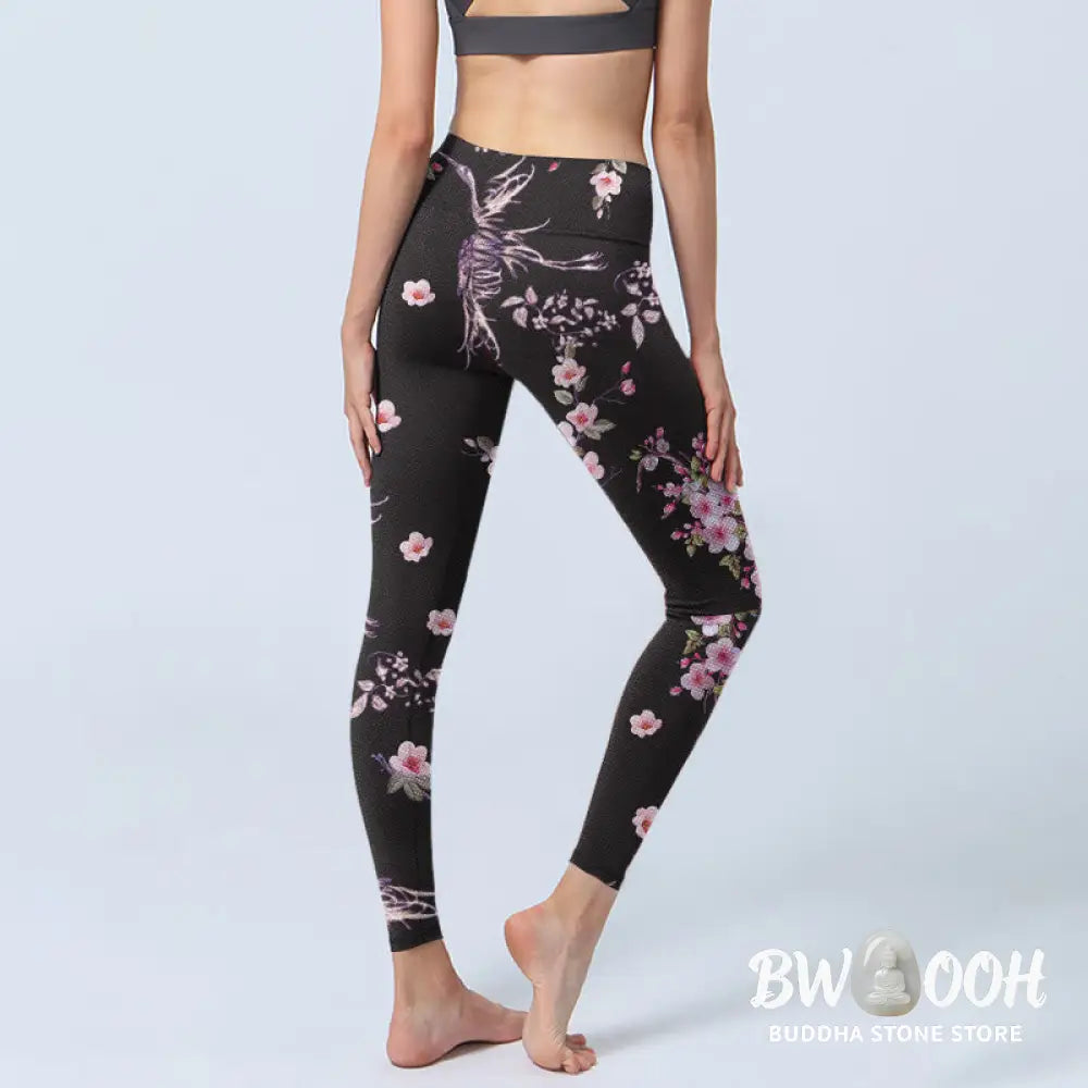 BWOOOH lotus print yoga leggings - Pink Flowers Flying Cranes Print Gym Leg