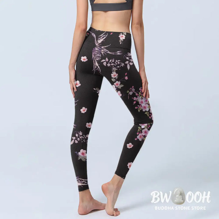 BWOOOH lotus print yoga leggings - Pink Flowers Flying Cranes Print Gym Leg