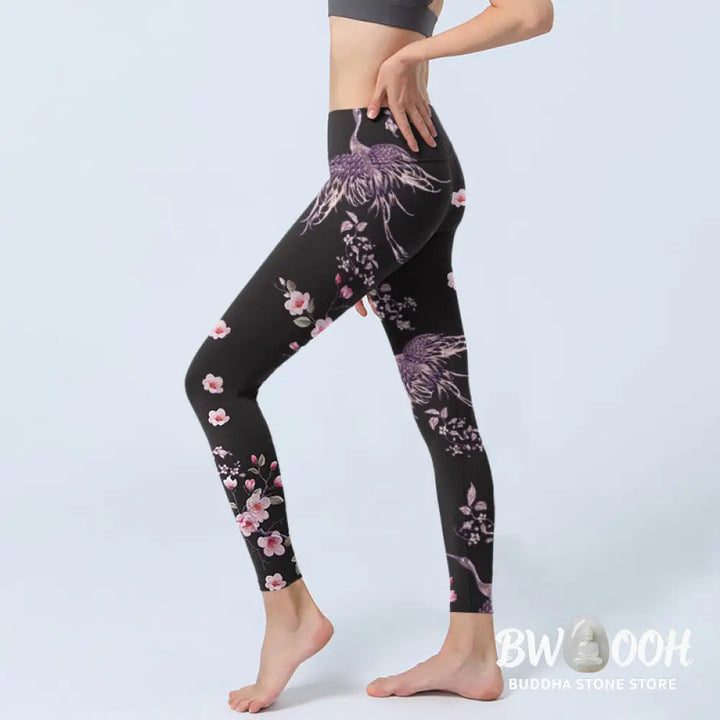 BWOOOH lotus print yoga leggings - Pink Flowers Flying Cranes Print Gym Leg