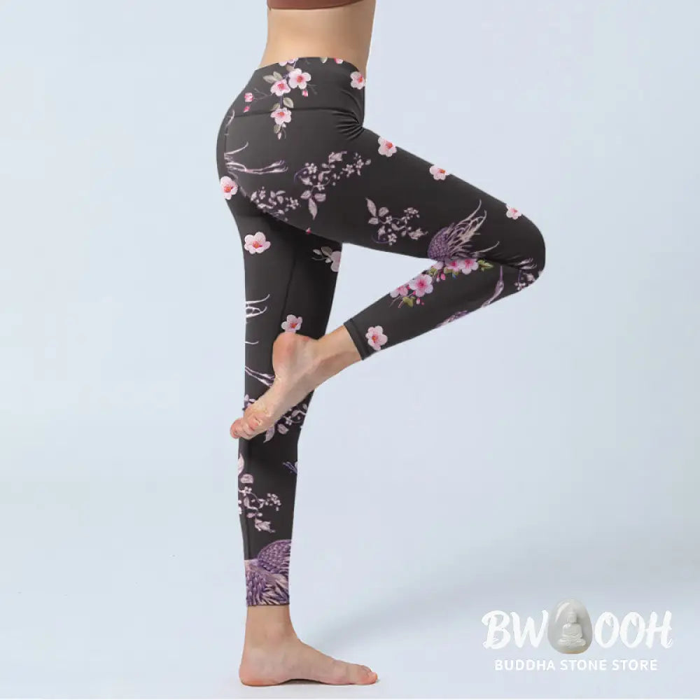 BWOOOH lotus print yoga leggings - Pink Flowers Flying Cranes Print Gym Leg