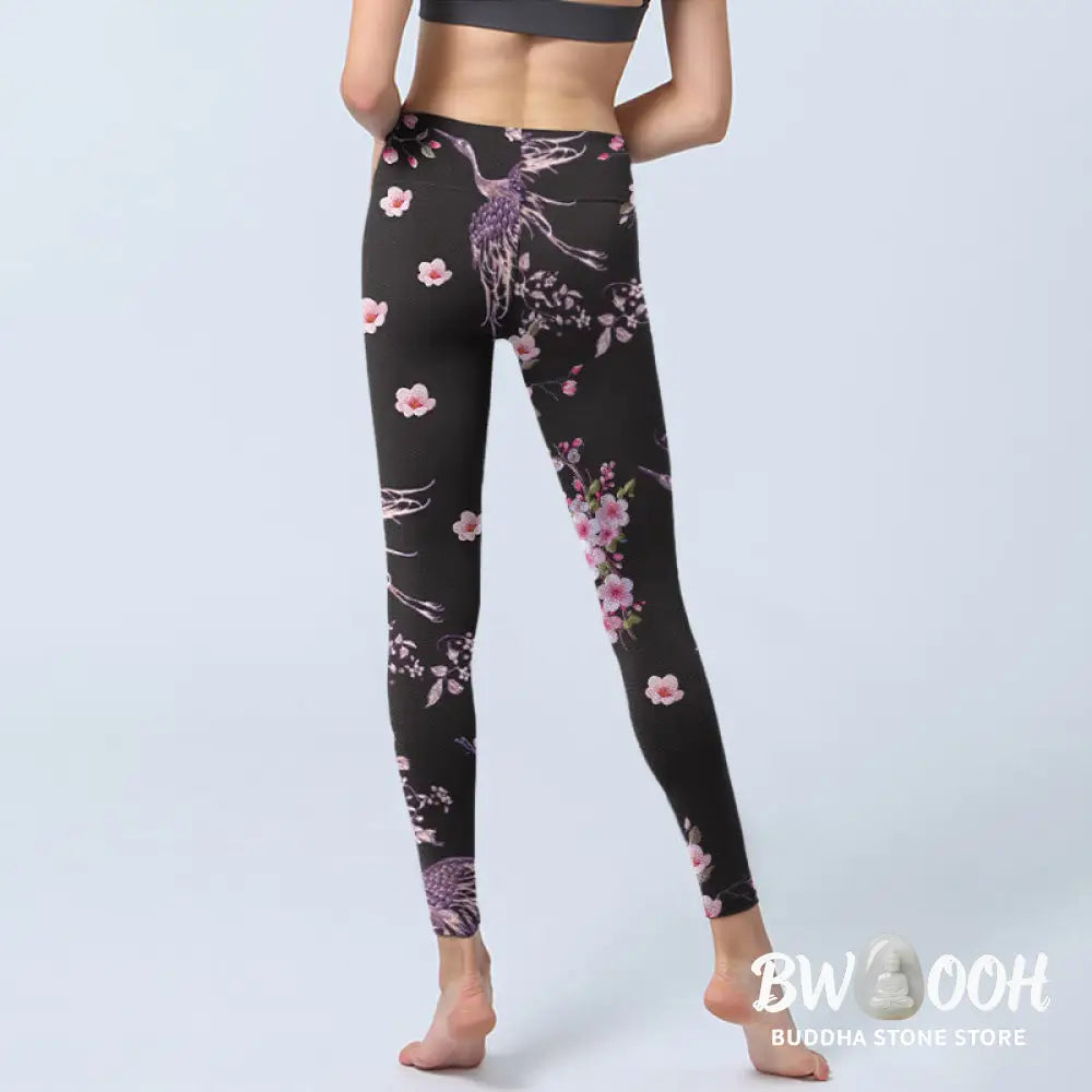 BWOOOH lotus print yoga leggings - Pink Flowers Flying Cranes Print Gym Leg