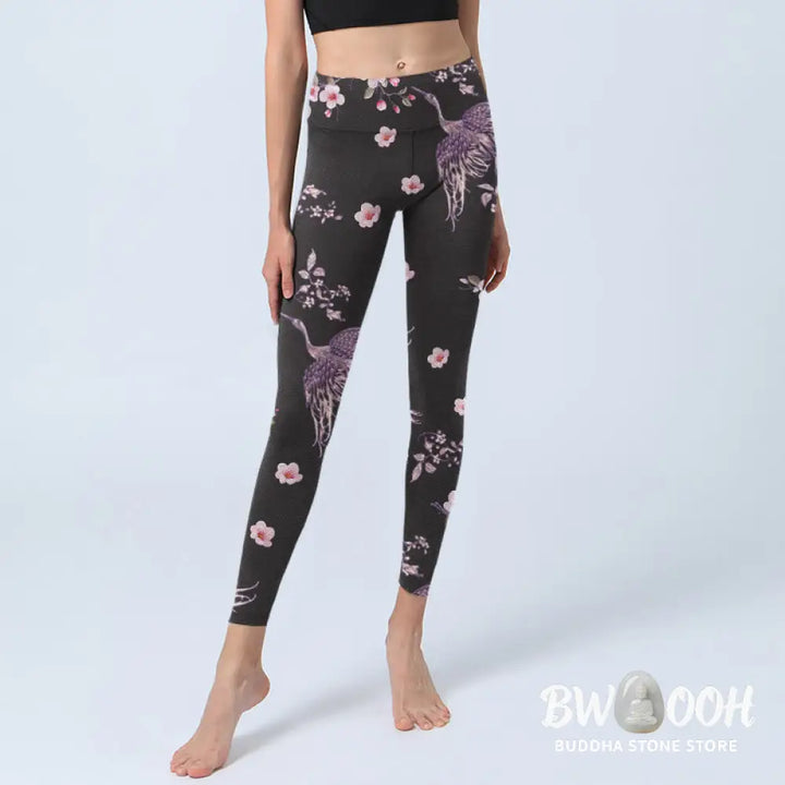 BWOOOH lotus print yoga leggings - Pink Flowers Flying Cranes Print Gym Leg