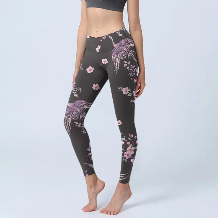 BWOOOH lotus print yoga leggings - Pink Flowers Flying Cranes Print Gym Leg