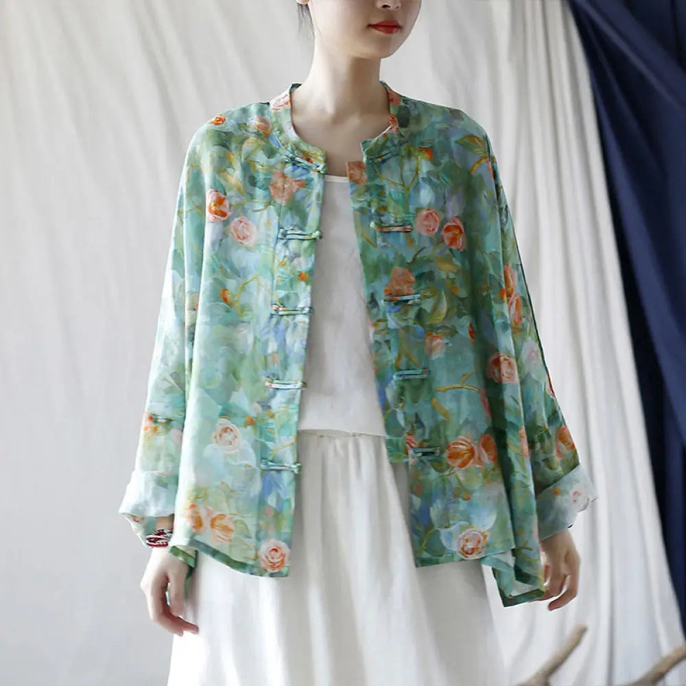 Buddha Stones Pink Flowers Green Leaves Print Frog-button Design Long Sleeve Ramie Linen Jacket Shirt - Green(Fit for
