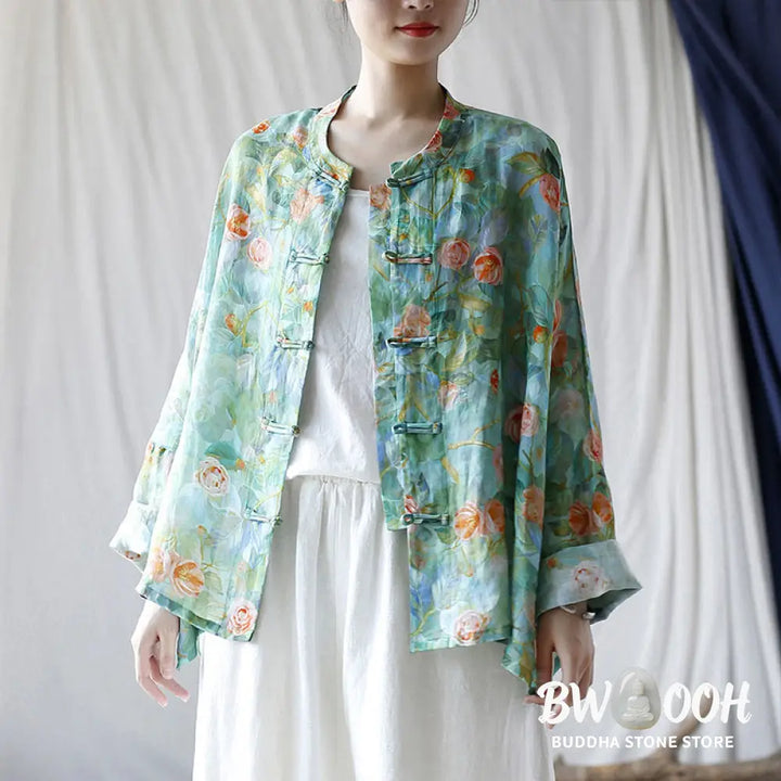 Buddha Stones Pink Flowers Green Leaves Print Frog-button Design Long Sleeve Ramie Linen Jacket Shirt - Women’s Shirts
