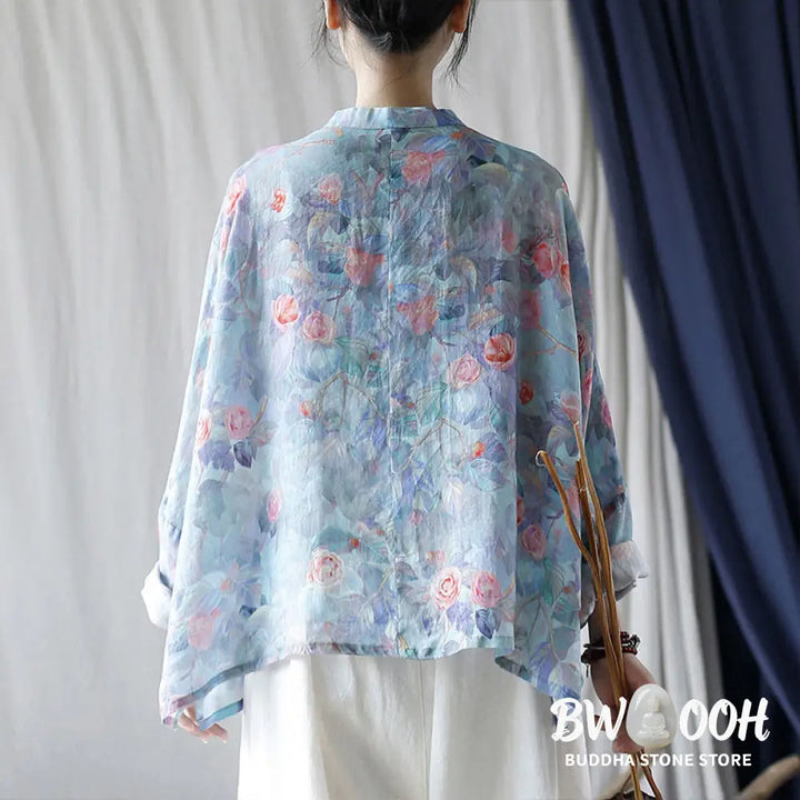 Buddha Stones Pink Flowers Green Leaves Print Frog-button Design Long Sleeve Ramie Linen Jacket Shirt - Women’s Shirts