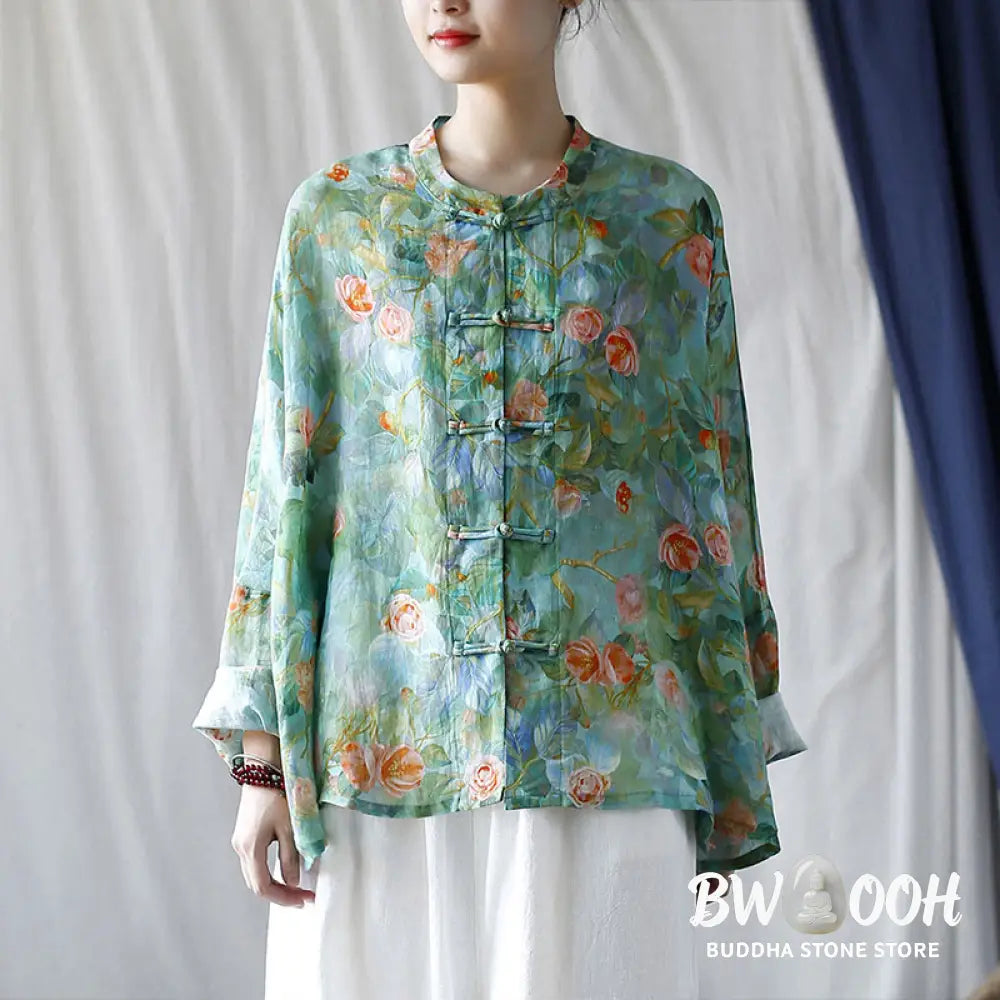 Buddha Stones Pink Flowers Green Leaves Print Frog-button Design Long Sleeve Ramie Linen Jacket Shirt - Women’s Shirts