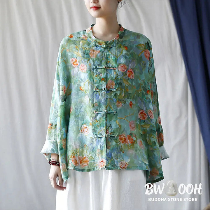 Buddha Stones Pink Flowers Green Leaves Print Frog-button Design Long Sleeve Ramie Linen Jacket Shirt - Women’s Shirts
