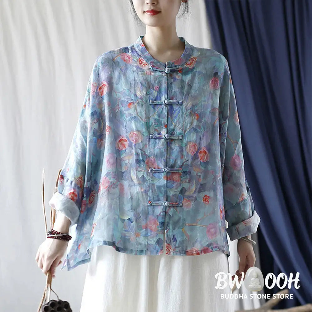 Buddha Stones Pink Flowers Green Leaves Print Frog-button Design Long Sleeve Ramie Linen Jacket Shirt - Women’s Shirts
