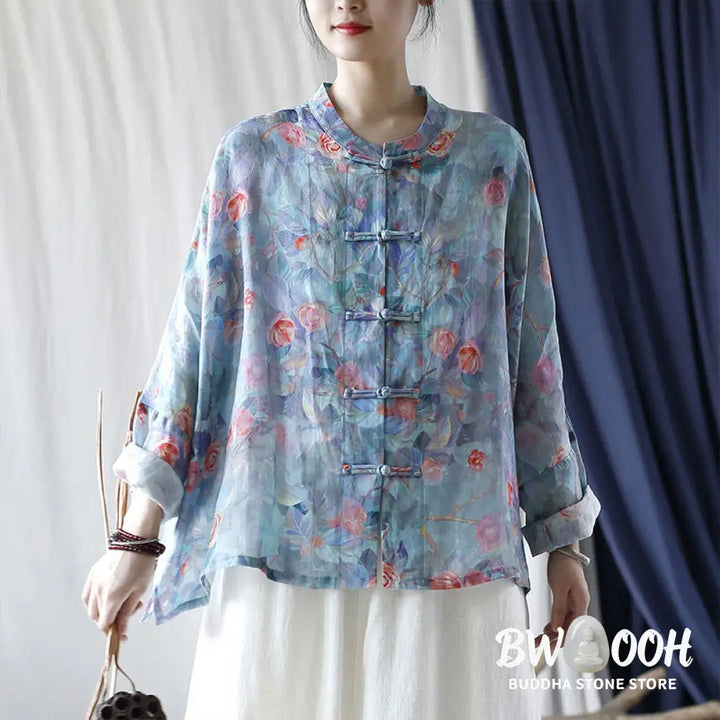 Buddha Stones Pink Flowers Green Leaves Print Frog-button Design Long Sleeve Ramie Linen Jacket Shirt - Women’s Shirts