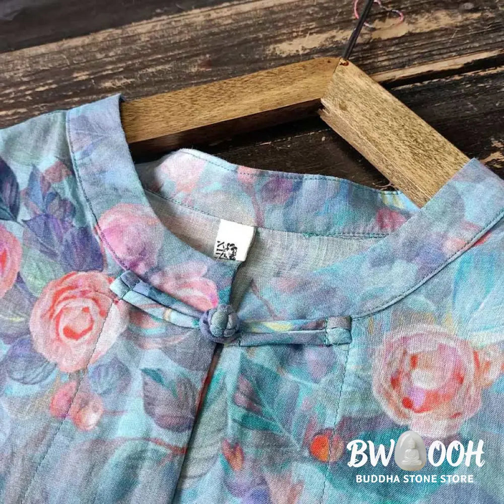 Buddha Stones Pink Flowers Green Leaves Print Frog-button Design Long Sleeve Ramie Linen Jacket Shirt - Women’s Shirts
