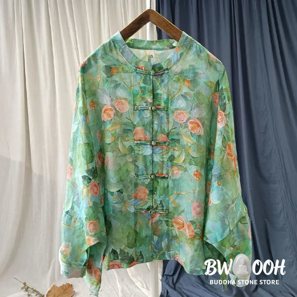 Buddha Stones Pink Flowers Green Leaves Print Frog-button Design Long Sleeve Ramie Linen Jacket Shirt - Women’s Shirts