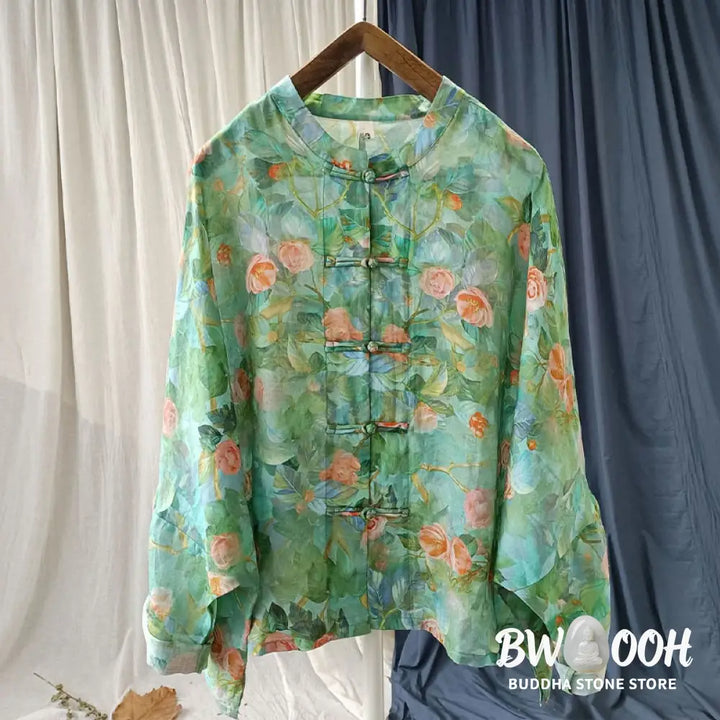 Buddha Stones Pink Flowers Green Leaves Print Frog-button Design Long Sleeve Ramie Linen Jacket Shirt - Women’s Shirts