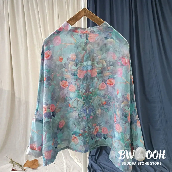 Buddha Stones Pink Flowers Green Leaves Print Frog-button Design Long Sleeve Ramie Linen Jacket Shirt - Women’s Shirts