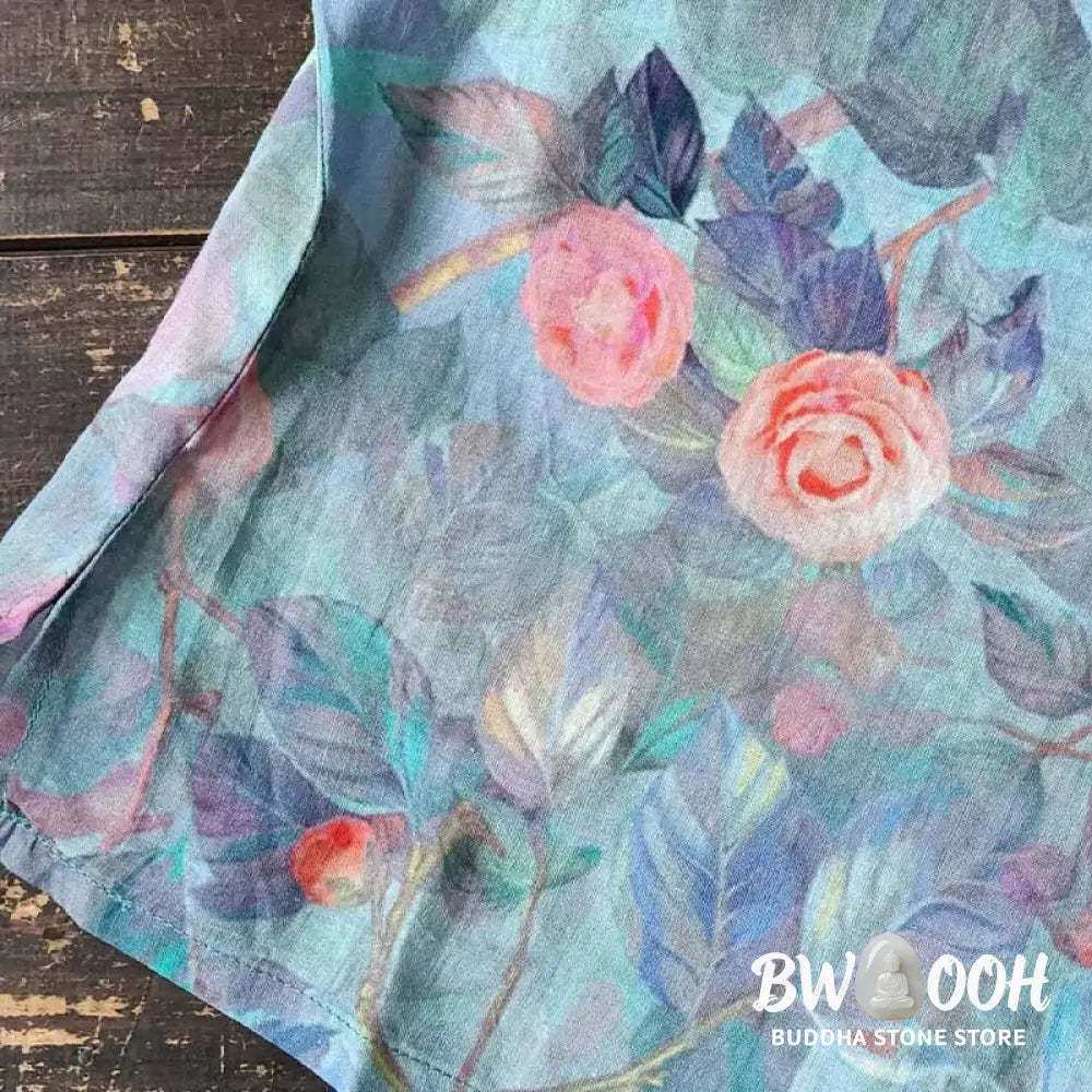 Buddha Stones Pink Flowers Green Leaves Print Frog-button Design Long Sleeve Ramie Linen Jacket Shirt - Women’s Shirts