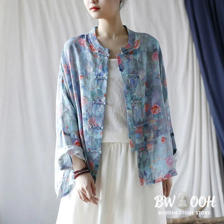 Buddha Stones Pink Flowers Green Leaves Print Frog-button Design Long Sleeve Ramie Linen Jacket Shirt - Women’s Shirts