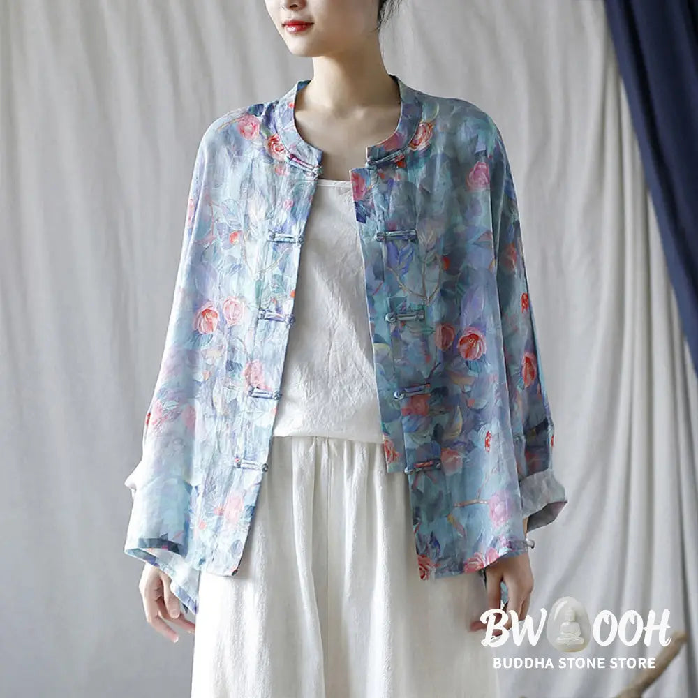 Buddha Stones Pink Flowers Green Leaves Print Frog-button Design Long Sleeve Ramie Linen Jacket Shirt - Women’s Shirts