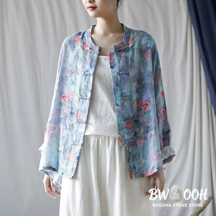 Buddha Stones Pink Flowers Green Leaves Print Frog-button Design Long Sleeve Ramie Linen Jacket Shirt - Women’s Shirts