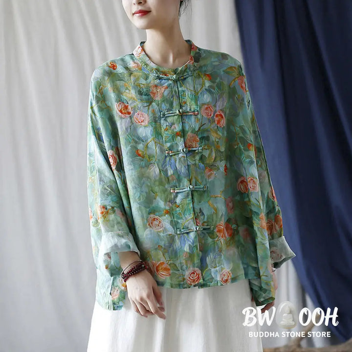 Buddha Stones Pink Flowers Green Leaves Print Frog-button Design Long Sleeve Ramie Linen Jacket Shirt - Women’s Shirts