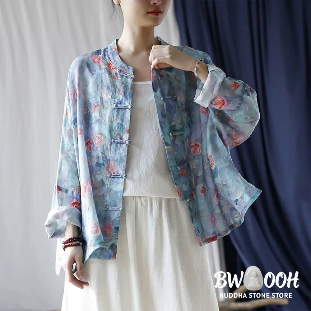 Buddha Stones Pink Flowers Green Leaves Print Frog-button Design Long Sleeve Ramie Linen Jacket Shirt - Women’s Shirts