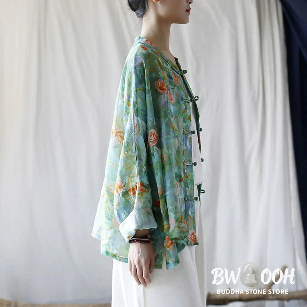 Buddha Stones Pink Flowers Green Leaves Print Frog-button Design Long Sleeve Ramie Linen Jacket Shirt - Women’s Shirts
