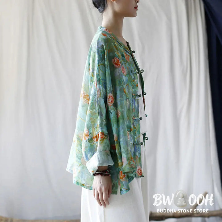 Buddha Stones Pink Flowers Green Leaves Print Frog-button Design Long Sleeve Ramie Linen Jacket Shirt - Women’s Shirts