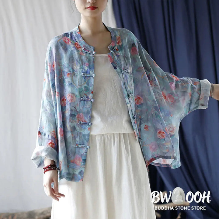 Buddha Stones Pink Flowers Green Leaves Print Frog-button Design Long Sleeve Ramie Linen Jacket Shirt - Women’s Shirts