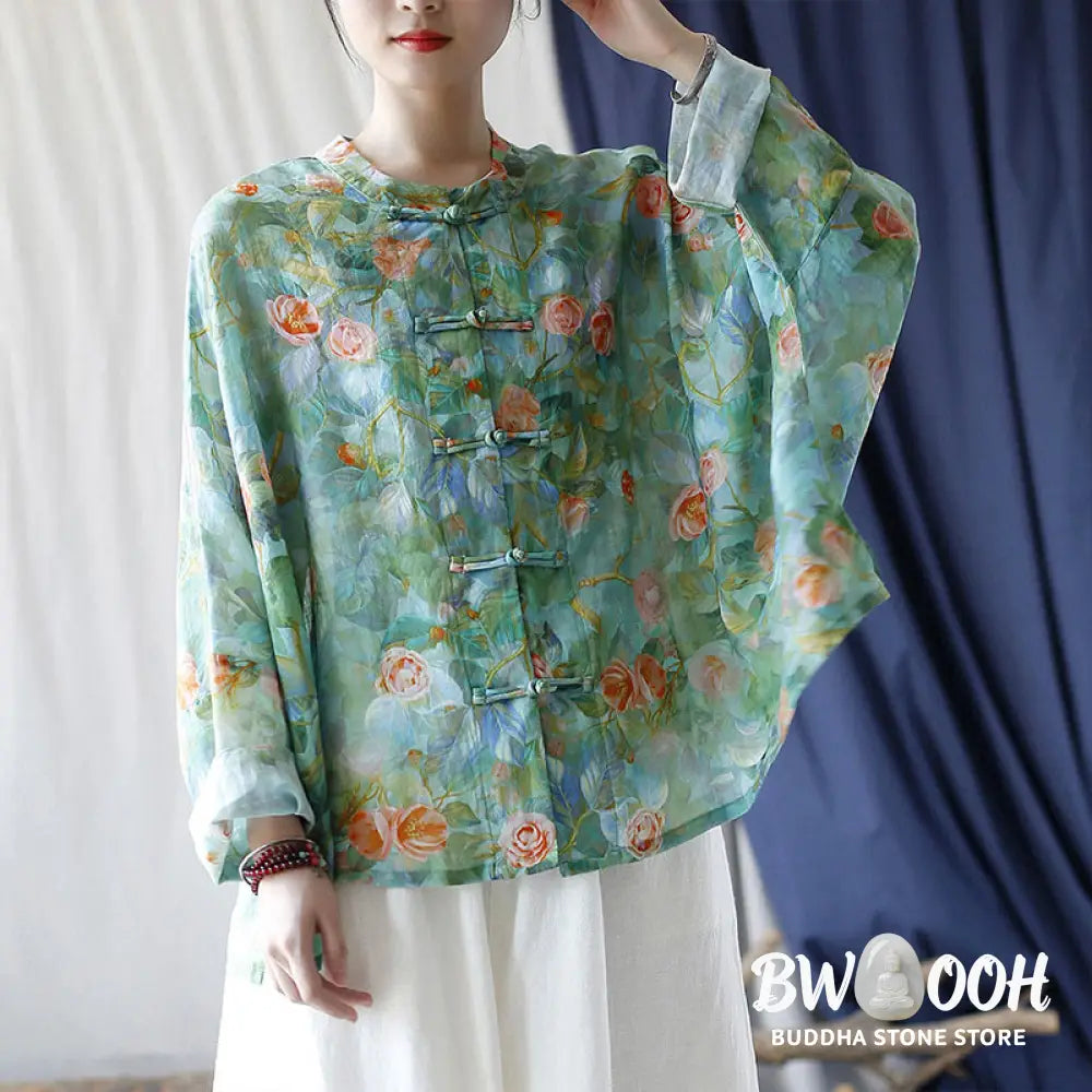 Buddha Stones Pink Flowers Green Leaves Print Frog-button Design Long Sleeve Ramie Linen Jacket Shirt - Women’s Shirts