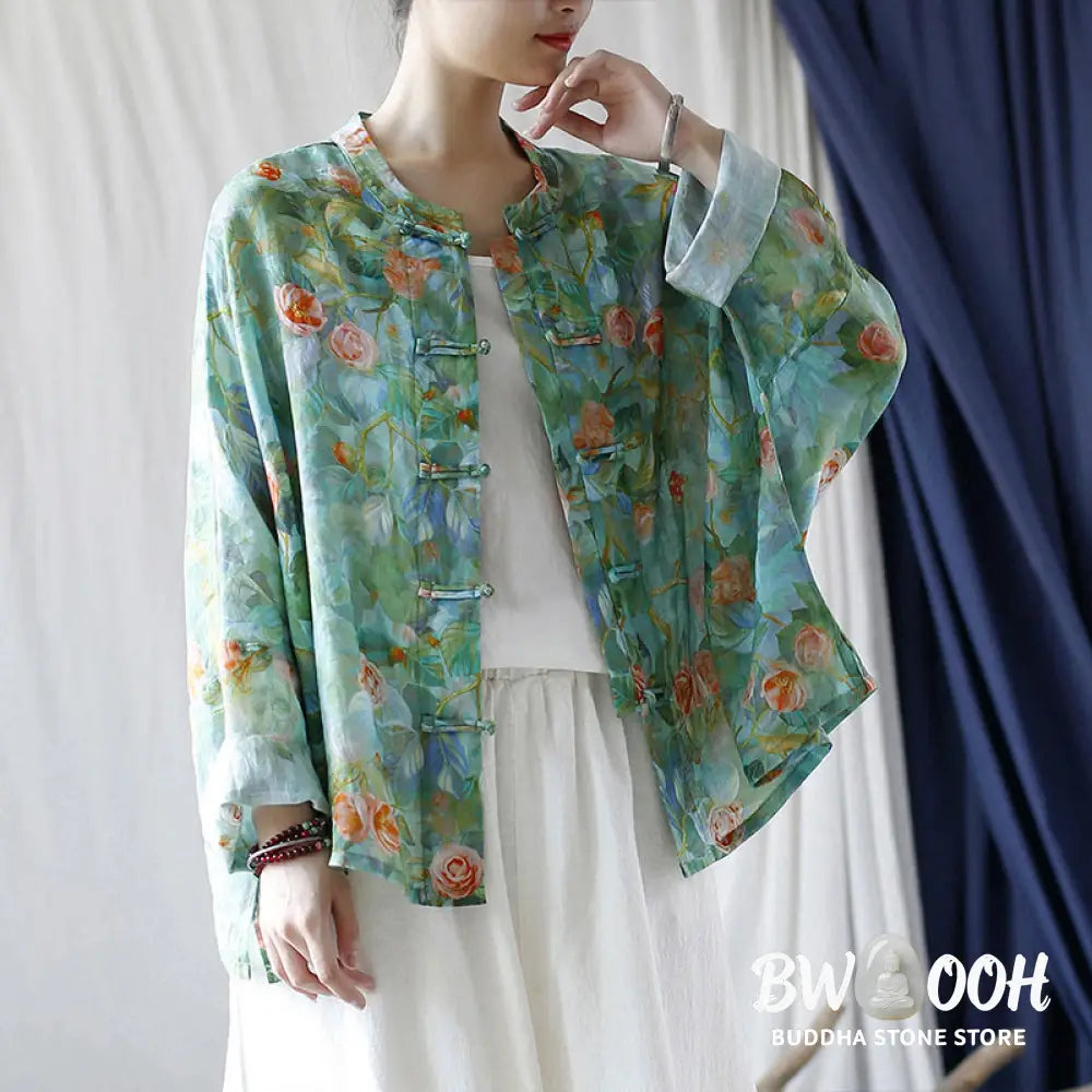 Buddha Stones Pink Flowers Green Leaves Print Frog-button Design Long Sleeve Ramie Linen Jacket Shirt - Women’s Shirts
