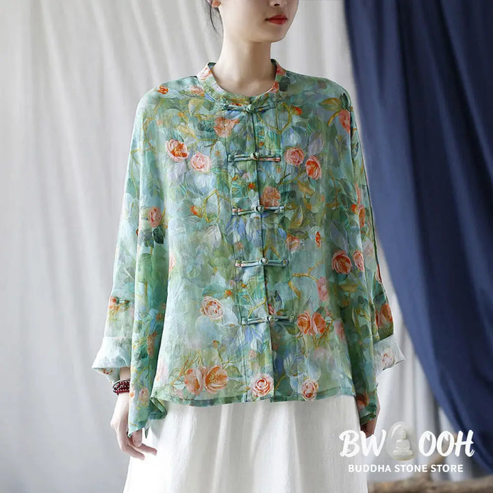 Buddha Stones Pink Flowers Green Leaves Print Frog-button Design Long Sleeve Ramie Linen Jacket Shirt - Women’s Shirts