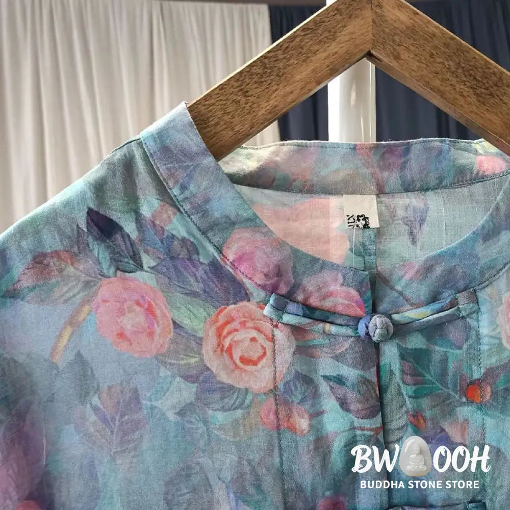 Buddha Stones Pink Flowers Green Leaves Print Frog-button Design Long Sleeve Ramie Linen Jacket Shirt - Women’s Shirts