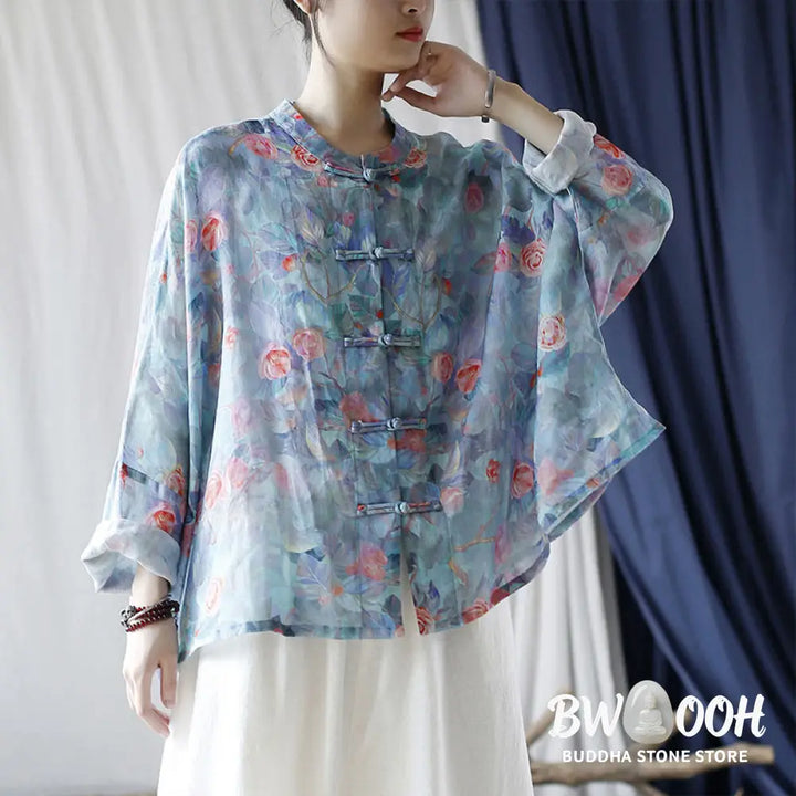 Buddha Stones Pink Flowers Green Leaves Print Frog-button Design Long Sleeve Ramie Linen Jacket Shirt - Women’s Shirts