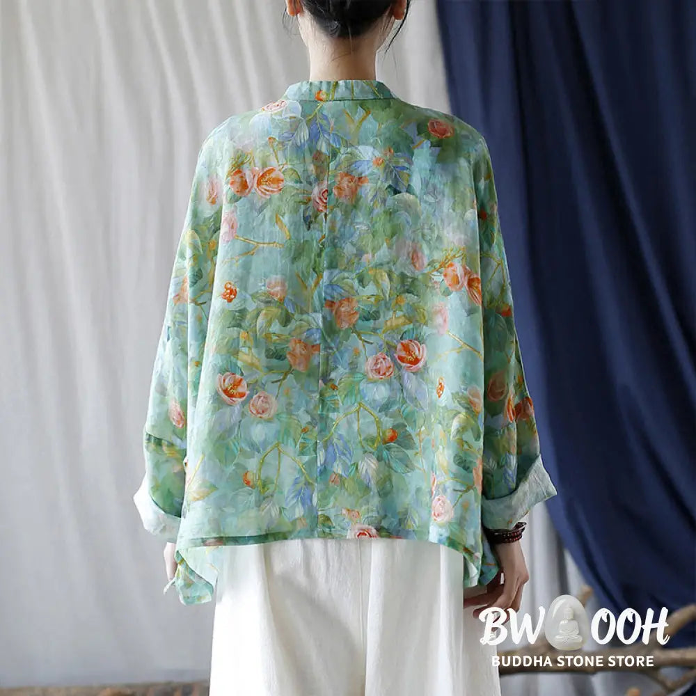 Buddha Stones Pink Flowers Green Leaves Print Frog-button Design Long Sleeve Ramie Linen Jacket Shirt - Women’s Shirts
