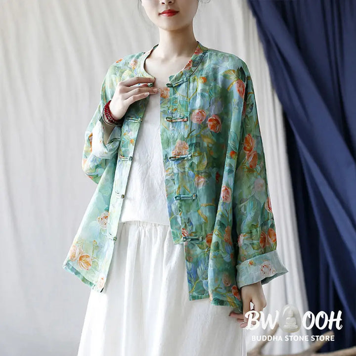 Buddha Stones Pink Flowers Green Leaves Print Frog-button Design Long Sleeve Ramie Linen Jacket Shirt - Women’s Shirts
