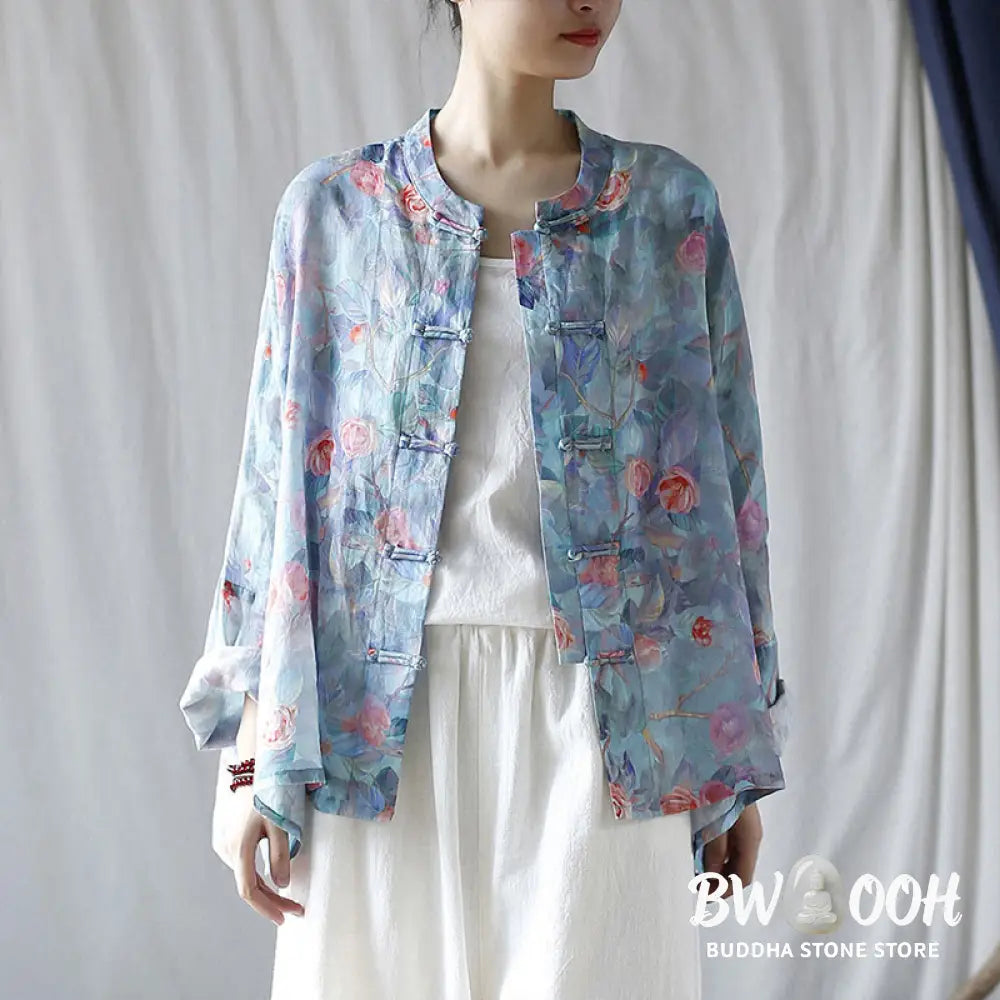 Buddha Stones Pink Flowers Green Leaves Print Frog-button Design Long Sleeve Ramie Linen Jacket Shirt - Women’s Shirts