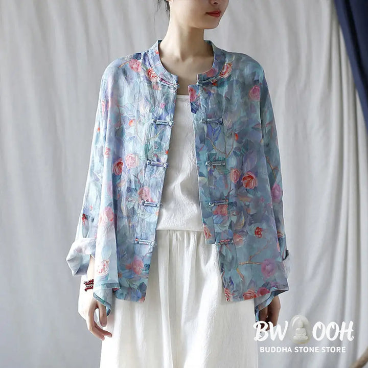 Buddha Stones Pink Flowers Green Leaves Print Frog-button Design Long Sleeve Ramie Linen Jacket Shirt - Women’s Shirts